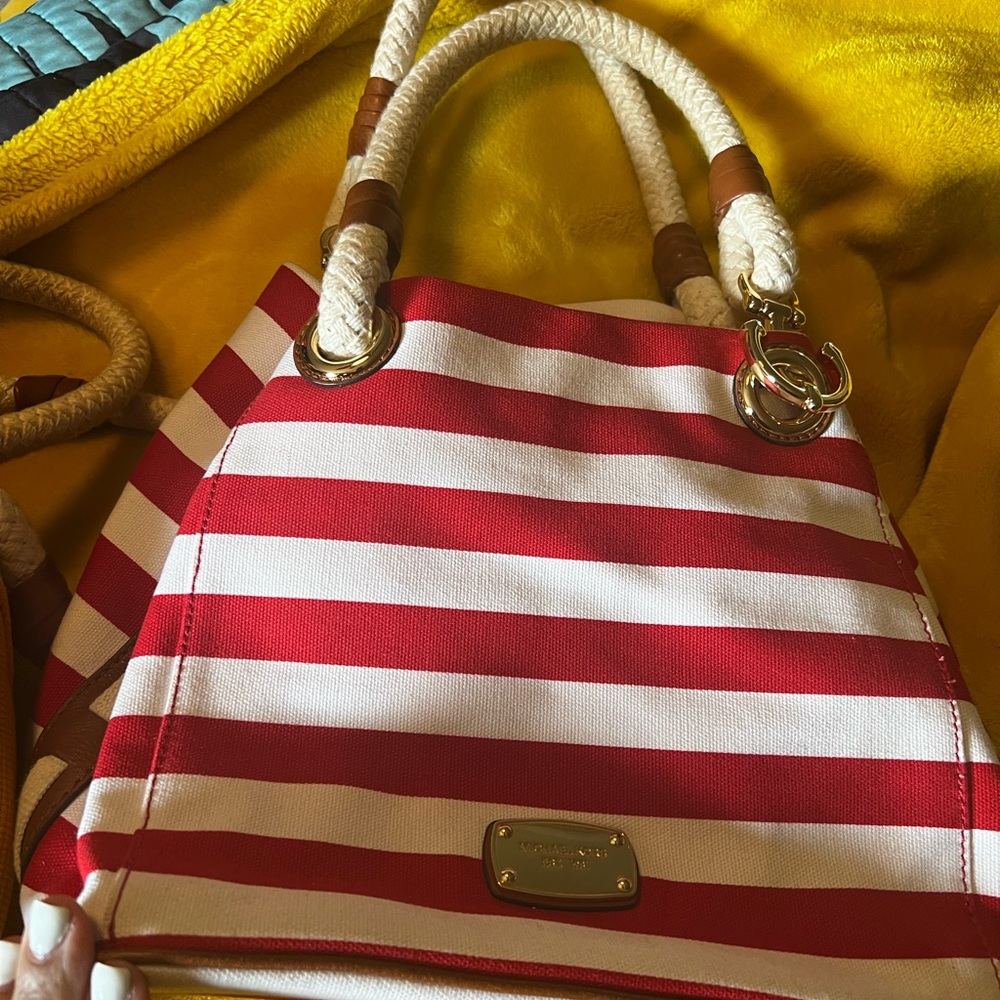 Michael Kors red & white nautical style purse with braided handles